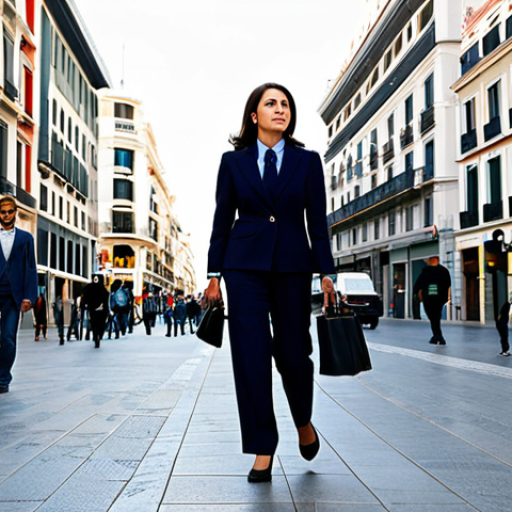 **
"A professional businesswoman in a modest business suit, walking confidently through the bustling streets of Madrid, Spain. The background includes iconic landmarks like the Puerta del Sol. Fully clothed, appropriate attire, safe for work, perfect anatomy, natural proportions, professional photography, high quality, family-friendly."
**