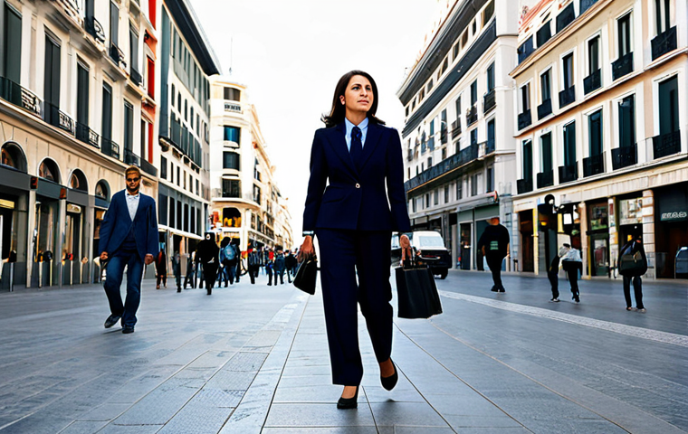 **

"A professional businesswoman in a modest business suit, walking confidently through the bustling streets of Madrid, Spain. The background includes iconic landmarks like the Puerta del Sol. Fully clothed, appropriate attire, safe for work, perfect anatomy, natural proportions, professional photography, high quality, family-friendly."

**