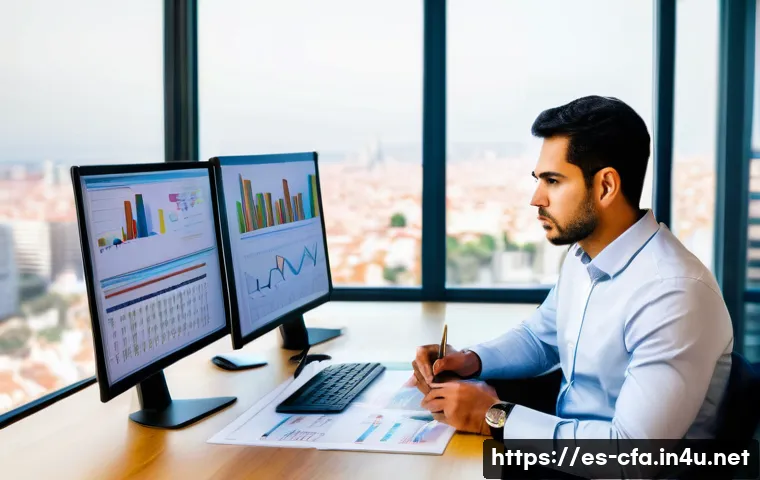 CFA와 자산 분배의 중요성 - A professional Hispanic financial analyst in a modern office setting, reviewing detailed portfolio c...