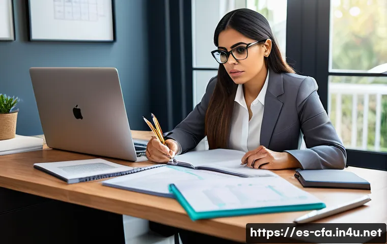 CFA 시험 난이도별 과목 분석 - A professional Hispanic woman studying corporate finance and accounting at a modern home office, sur...