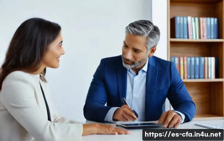 CFA와 연금 자산 투자 - A professional financial advisor consulting with a middle-aged Hispanic couple in a modern office se...