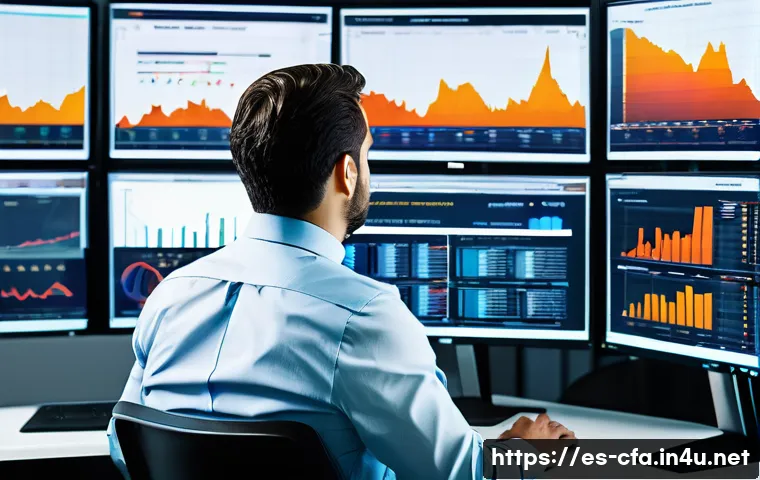 금융투자분석사의 장단점 - A professional financial analyst working in a modern Madrid office, surrounded by multiple computer ...