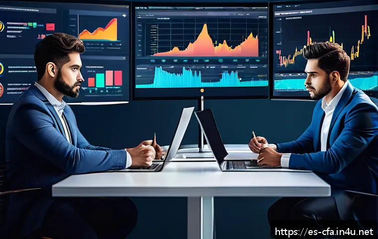 금융투자분석사와 암호화폐 투자 - A detailed digital illustration of a diverse group of Latin American investors analyzing cryptocurre...