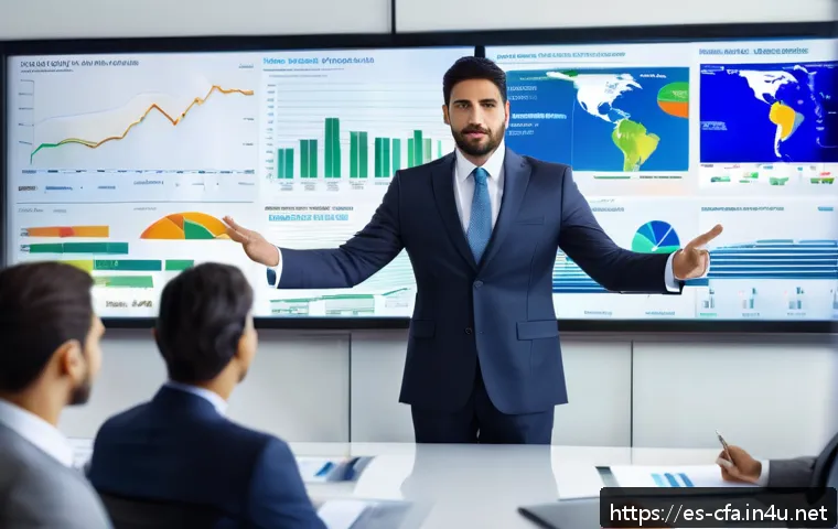 CFA 자격증으로 이직 성공 후기 - A professional Hispanic man in business attire, confidently presenting in a modern office conference...
