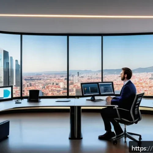 Home 30 금융권 직무별 요구 스킬 - A modern financial analyst workspace in a sleek office setting in Madrid, Spain, featuring a profess...