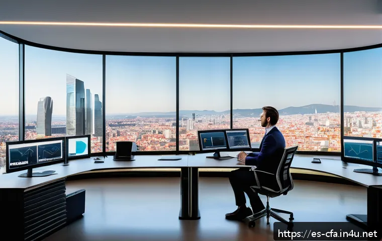 금융권 직무별 요구 스킬 - A modern financial analyst workspace in a sleek office setting in Madrid, Spain, featuring a profess...
