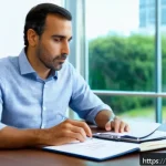 Home 23 CFA 필수 계산기 활용법 - A focused, professional Spanish-speaking candidate sitting at a desk in a bright, modern study room,...