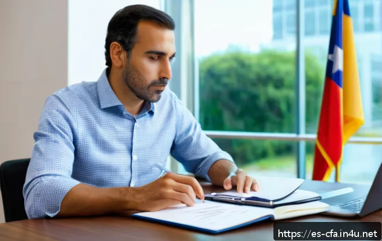 CFA 필수 계산기 활용법 - A focused, professional Spanish-speaking candidate sitting at a desk in a bright, modern study room,...